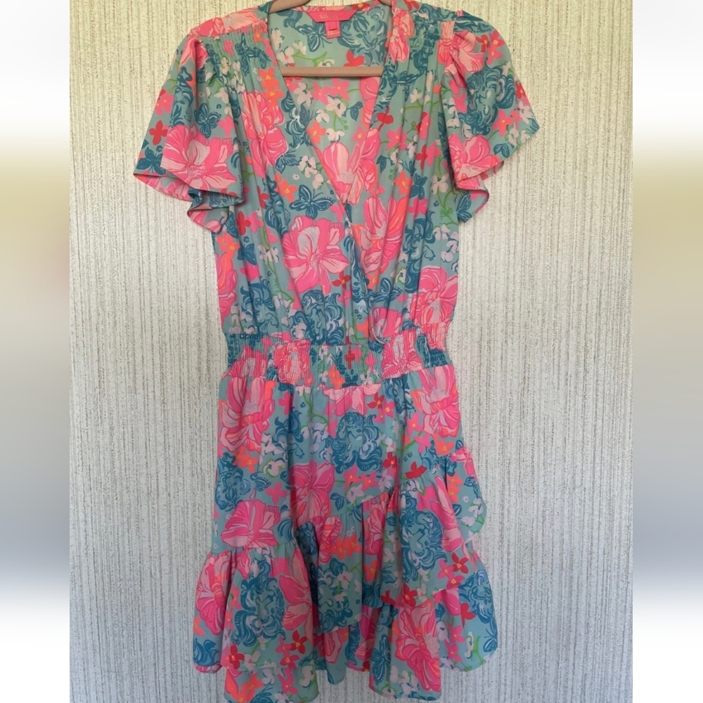 Lilly Pulitzer Size 8 Maryanne Surf Blue Luscious Lions Dress Floral Ruffles - Picture 1 of 12